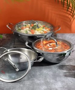 Vinod Cookware Cookware Vinod Platinum Triply Stainless Steel Extra Deep Kadai With Lid