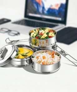 Vinod Cookware Kraft Lunch Box-Food Container Two Tier Compartment With Handle - Stainless Steel Kraft Serveware