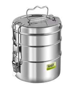 Vinod Cookware Kraft Lunch Box-Food Container Two Tier Compartment With Handle - Stainless Steel Kraft Serveware