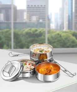 Vinod Cookware Kraft Lunch Box-Food Container Two Tier Compartment With Handle - Stainless Steel Kraft Serveware