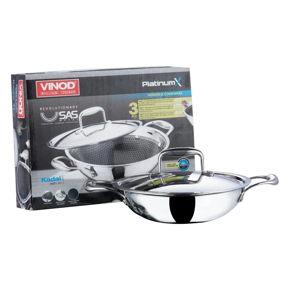 Vinod Cookware Vinod Platinum Triply Stainless Steel X Kadai (Induction Friendly) Cookware 10 Vinod Cookware Vinod Platinum Triply Stainless Steel X Kadai (Induction Friendly) Cookware