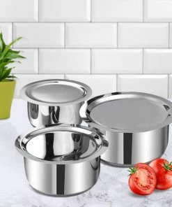 Vinod Cookware Vinod Stainless Steel, Sandwich Bottom, 3 Pc Tope Set With Lids (Induction Friendly)